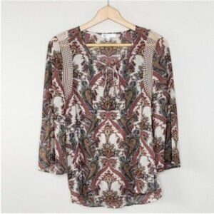 DR2 | Brown Beige Semi-Sheer Paisley Print Blouse Size Small
